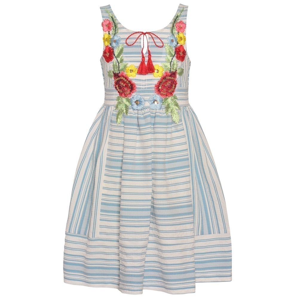 Bonnie Jean - Bonnie Jean Girls Blue Stripe Flower Embroidered