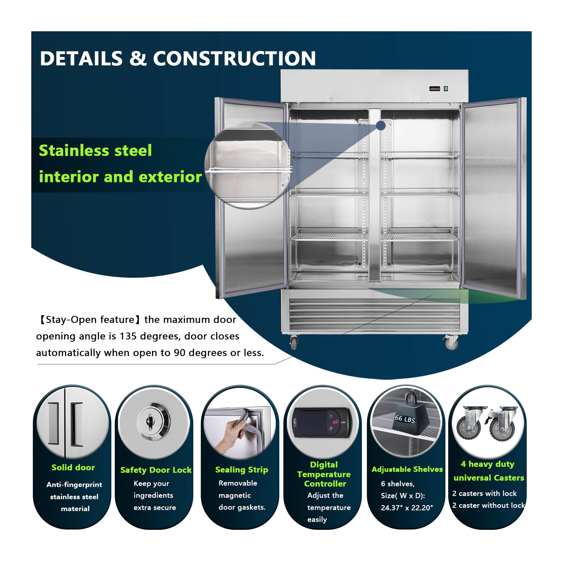 54"W 2 Section Reach-in Commercial Refrigerator 42.2 Cu.ft. Upright Fan Cooling Refrigerator for Restaurants and Commercial Environments