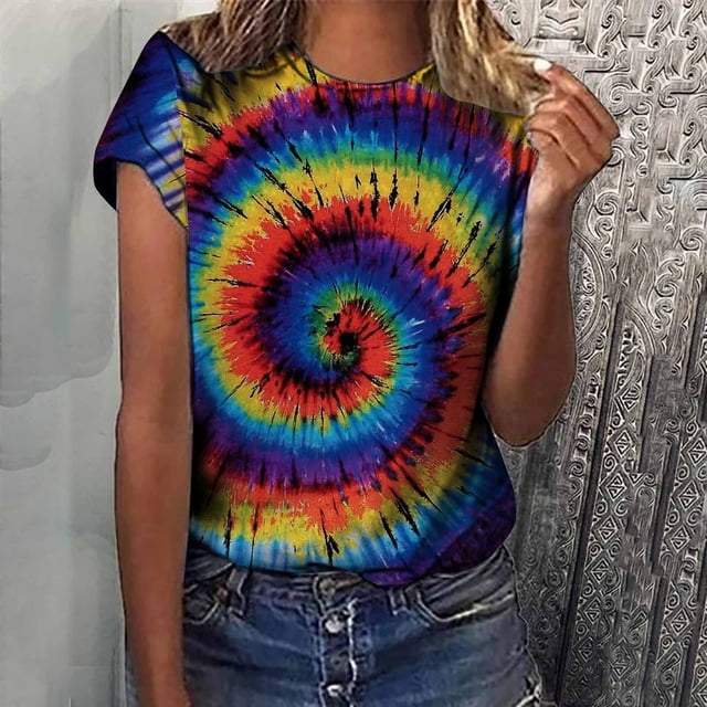 Qiopertar Blouse à Manches Courtes Col Rond Imprimé Teinture sur Nœuds Décontractée pour Femmes en Solde à Moins de 5$ en Solde