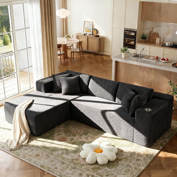 VNT 105" L-Shaped Couch, Corduroy Modular Sectional Sofa with Deep Seating, Upholstered Sofa for Living Room, No Assembly Required(Gray)