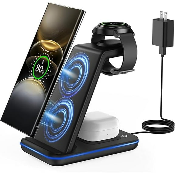 FU2100Wireless Charger for Samsung&Android: 3 in 1 Charging Station for Galaxy Watch7 Pro/4/3/Active2/1 - Phone Charger Stand for S24/S23 Ultra/S22/S21/S20/Note 20, Z Fold&Flip Series, Buds 3 Pro