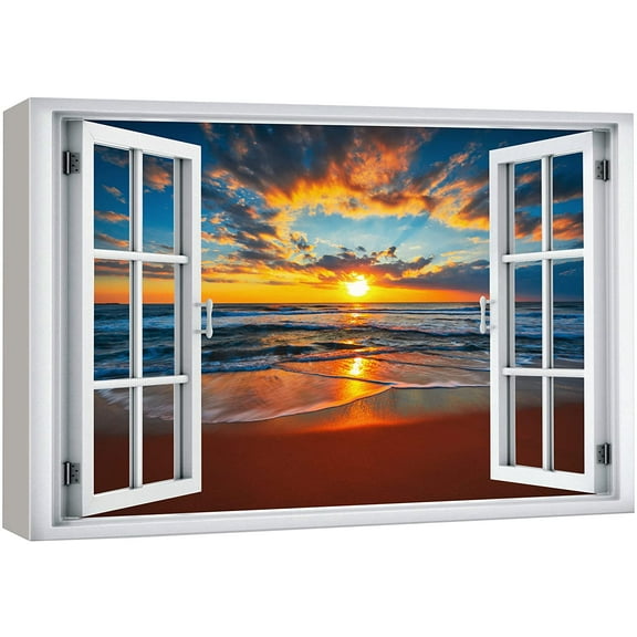 wall26 Canvas Print Wall Art Window View California Beach Sunset Sky Paradise Wilderness Nature Photography Realism Scenic Landscape Colorful Multicolor for Living Room, Bedroom, Office - 16"x24