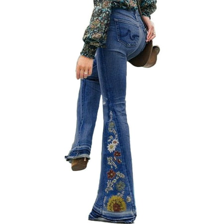 Vintage Plus Size Ladies Denim Jean Women Juniors 70s Trendy Slim Fit High Waist Flared Bell Bottom Denim Jeans Pants Ladies Floral Embroidery Wide Leg Denim
