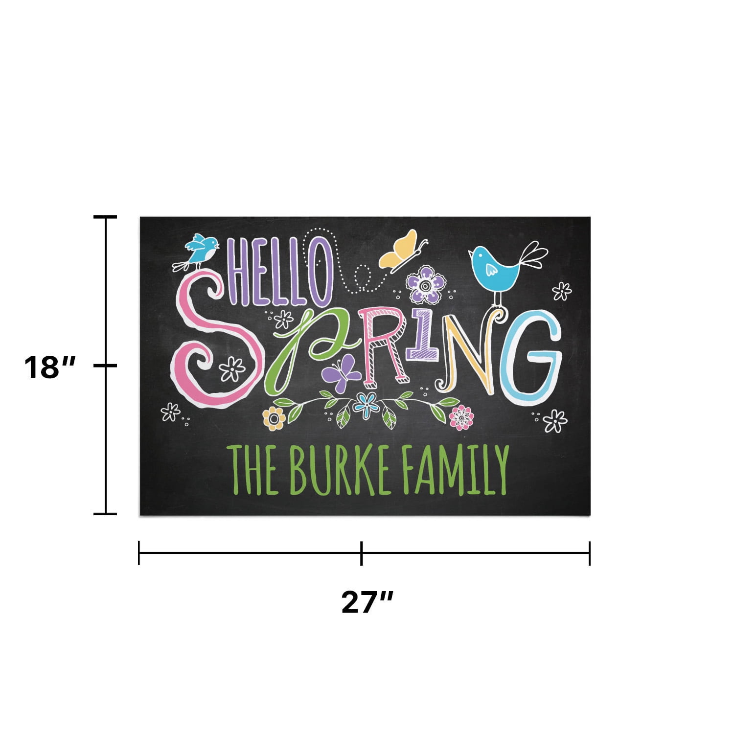 Personalized Planet 27x18 Hello Spring Doormat with Custom Family Name Printed on Black Rectangular 1/4” Thick Non Slip Mat with Bird and Flower Design for Kitchen Hallway Deck or Porch
