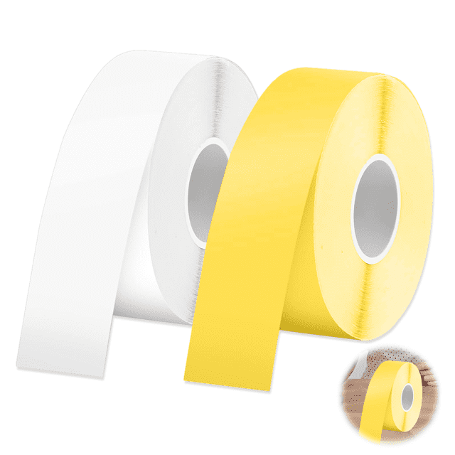 2 volúmenes de cinta de etiquetas térmica resistente al agua, papel de etiquetas de 15 mm × 4 m, cinta de etiquetas sin fin para el hogar, la oficina, la escuela (blanco + amarillo)