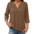 thumbnail image 6 of Craaazy Women Casual Tops Loose Fit Solid Color V Neck Lace Trim 3/4 Sleeve Blouses for Fall Gift, 6 of 9