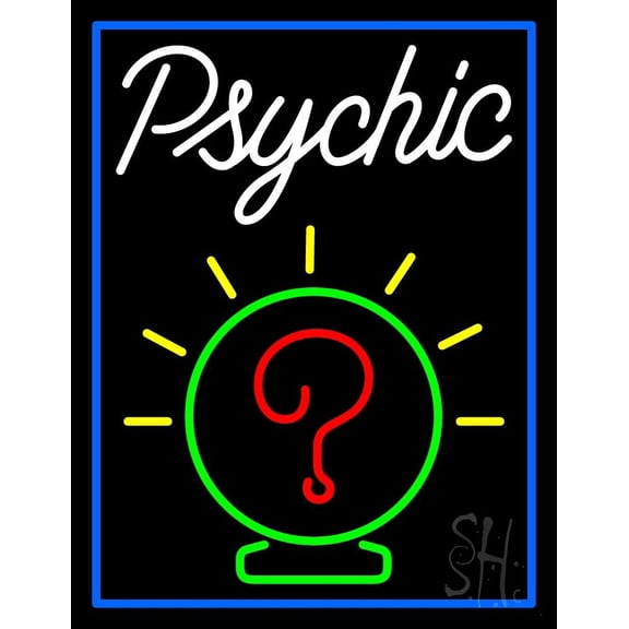 White Psychic Blue Border LED Neon Sign 31" Tall x 24" Wide - inches Black Square Cut Acrylic Backing, with Dimmer - Bright and Premium built indoor LED Neon Sign for Storefront.