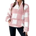 thumbnail image 3 of Women's Plaid Long Sleeve Zipper Fleece Sweatshirt Pullover Jacket Coat with Pockets Pink M, 3 of 10