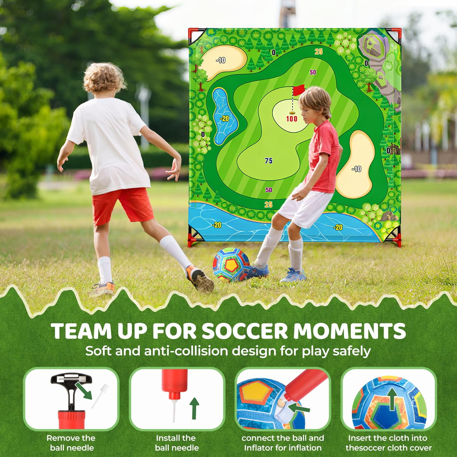 Mpow Golf Chipping Game-Golf Battle Game for Kids & Family, 54"x54" Golf Target Mat with 16 Sticky Balls, 8 Bean Bags, 6 Axes, 2 Soccer Balls, Fun for Outdoor Lawn, Backyard & Poolside Party