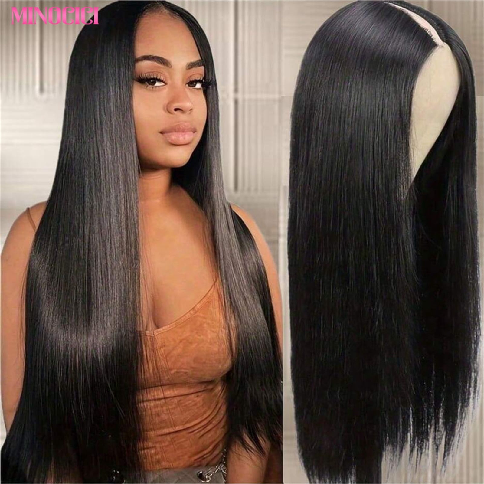 V Part Wigs Bone Straight Human Hair Wigs No Leave Out No Sew-In Glueless 250 Density Natural Black