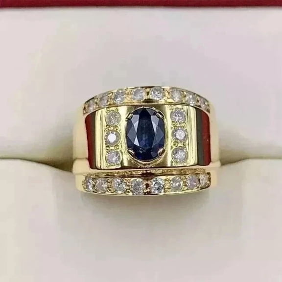 2Ct Oval Cut Simulated Blue Sapphire Men's Engagement Ring 14K Yellow Gold Plated 925 Sterling Silver For Wedding