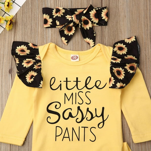 3PCS Newborn Baby Girl Clothes Set Yellow Romper Sunflower Pants