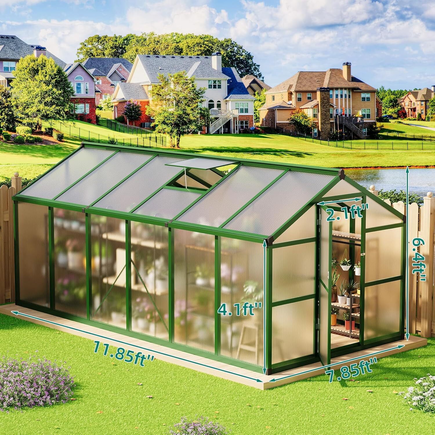 Green 8ftx12ft Outdoor Greenhouse, Polycarbonate Greenhouse with Roof Vents, Heavy Duty Aluminum Greenhouse, Easy to Install, Walk-in Greenhouse for Garden, Backyard, Patio, Lawn