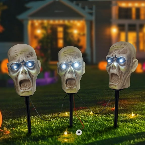 3Pack Halloween Animatronics Skeleton Zombie Stake - 15.7" Scary Talking Skull Head with Sound Activated, Creepy Voice, Light Up Eyes, Spooky Haunted Horror Prop for Lawn Yard, Outdoor