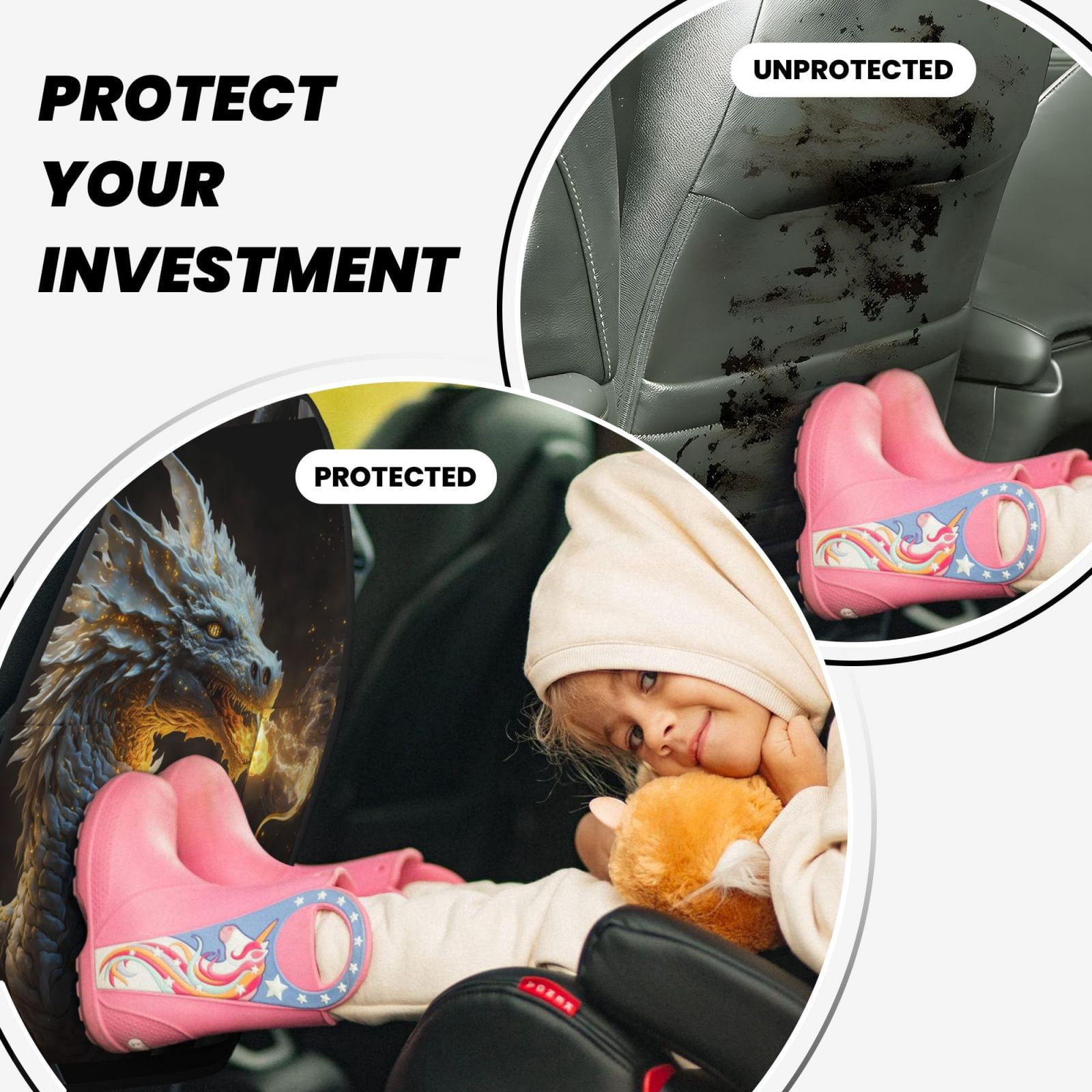 Xecao Golden White Fire Dragon Pattern Car Seat Back Protector 2 Pack Large Capacity Pocket, Kick Mats Back Seat Protector