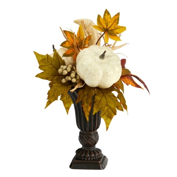 Nearly Natural 13" Fall Pumpkin and Berries Artificial Flower Arrangement in Decorative Urn, Multi-color