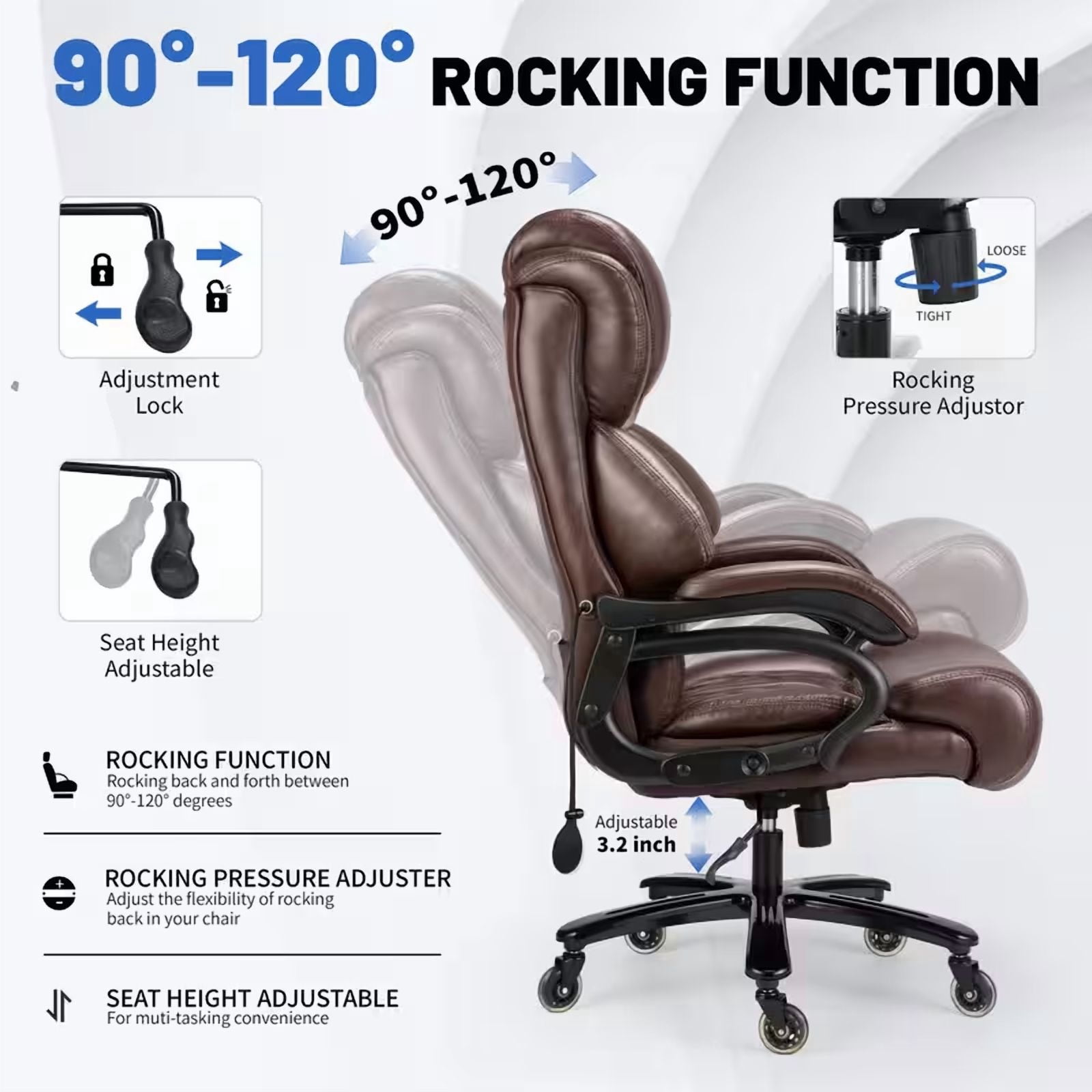 Qusaphy 800LBS Big and Tall Executive Office Chair, PU Leather Ergonomic Desk Chair with Adjustable Backrest and Thick Padded Cushion, Heavy Duty Chair for Home or Office Brown