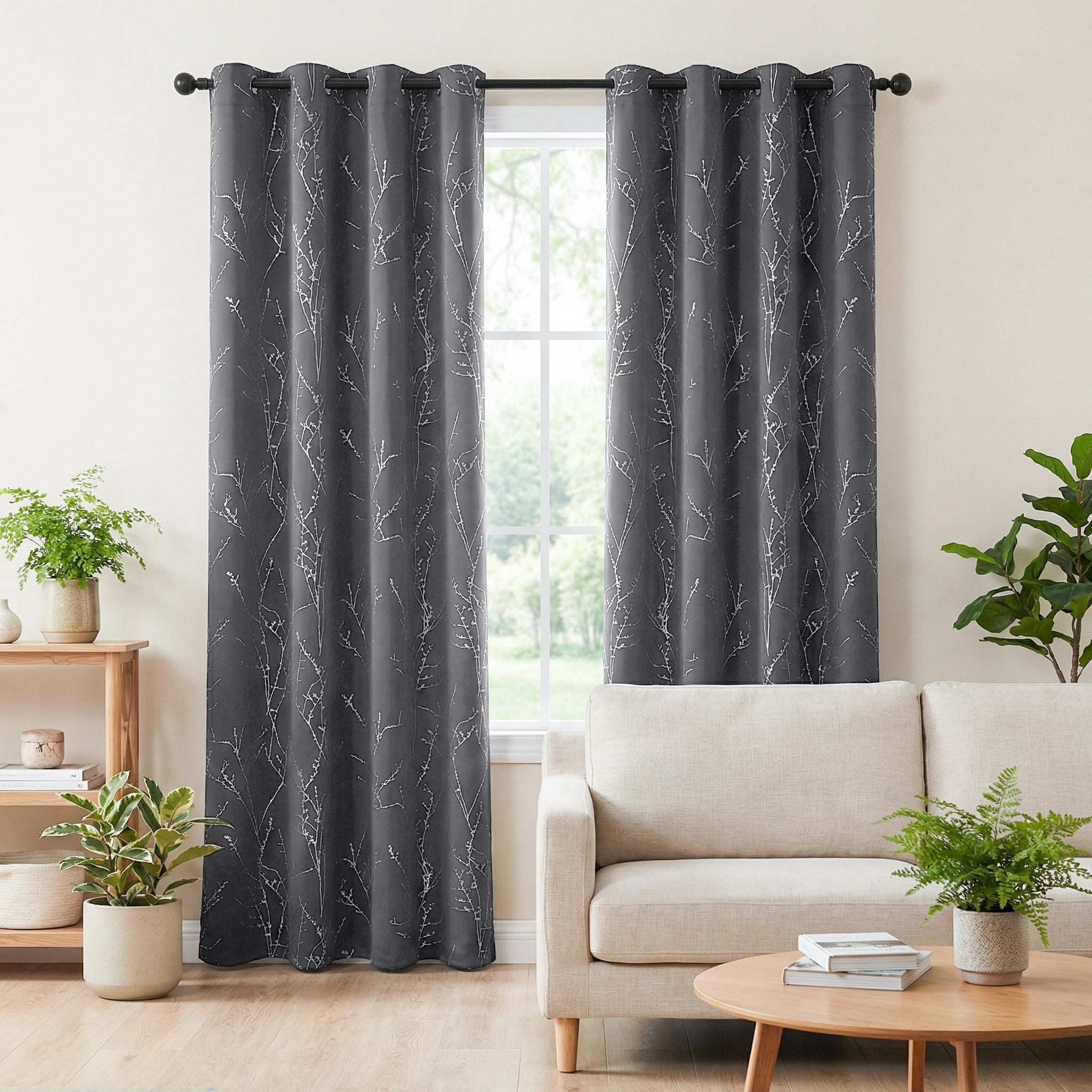 ZOPZO Blackout Curtains, Thermal Insulated,, Dark Gray, 52W x 72L Inch, Room Darkening Drapes Tree Branches Pattern for Bedroom Modern Home