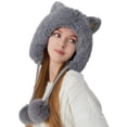 thumbnail image 4 of HNMKIU Hat for Women in Knit Wool Warm Earflap Style with Cute Cat Ears - Three Hair Fashion Winter for Outdoor Usages Grey,M, 4 of 4