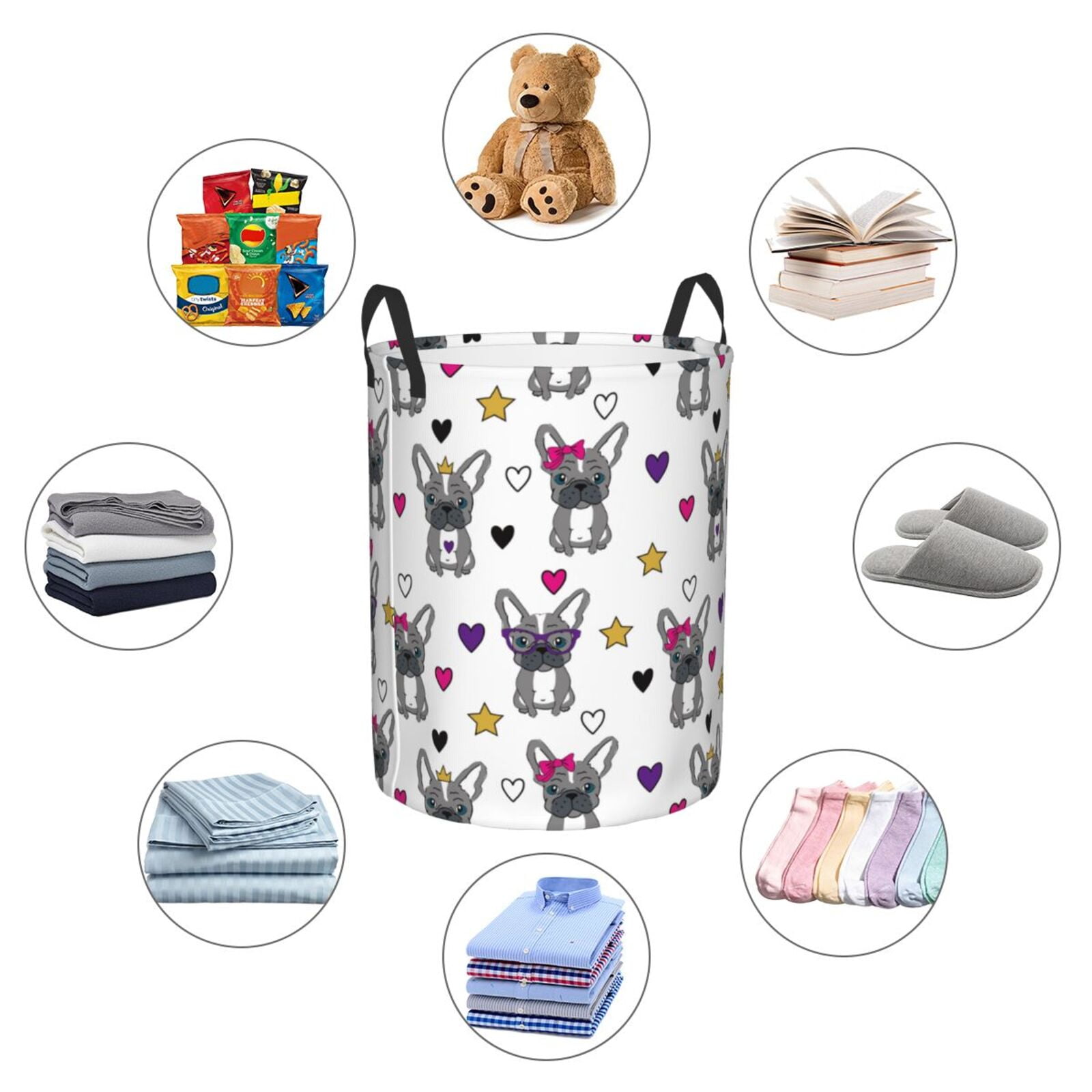 Large Laundry Basket with Handles - Cute French Bulldog Love Stars Kids Baby Dirty Clothes Laundry Hamper for Bedroom Aesthetic