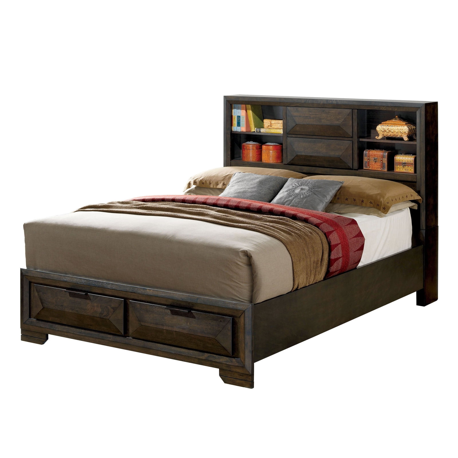 Contemporary Style Queen Bed with Bookcase Headboard and Drawers, Brown