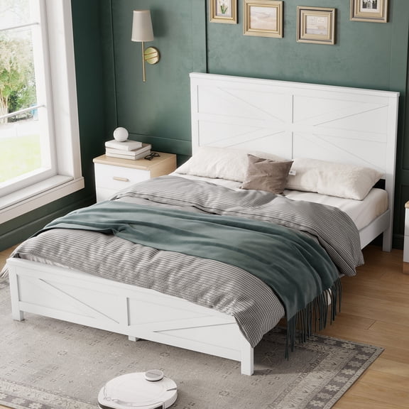 Leumius Farmhouse Style Queen Size Bed with Barn Door Designed Headboard and Footboard, Pinewood Bed with Strengthened Bed Frame for Teens Adults White