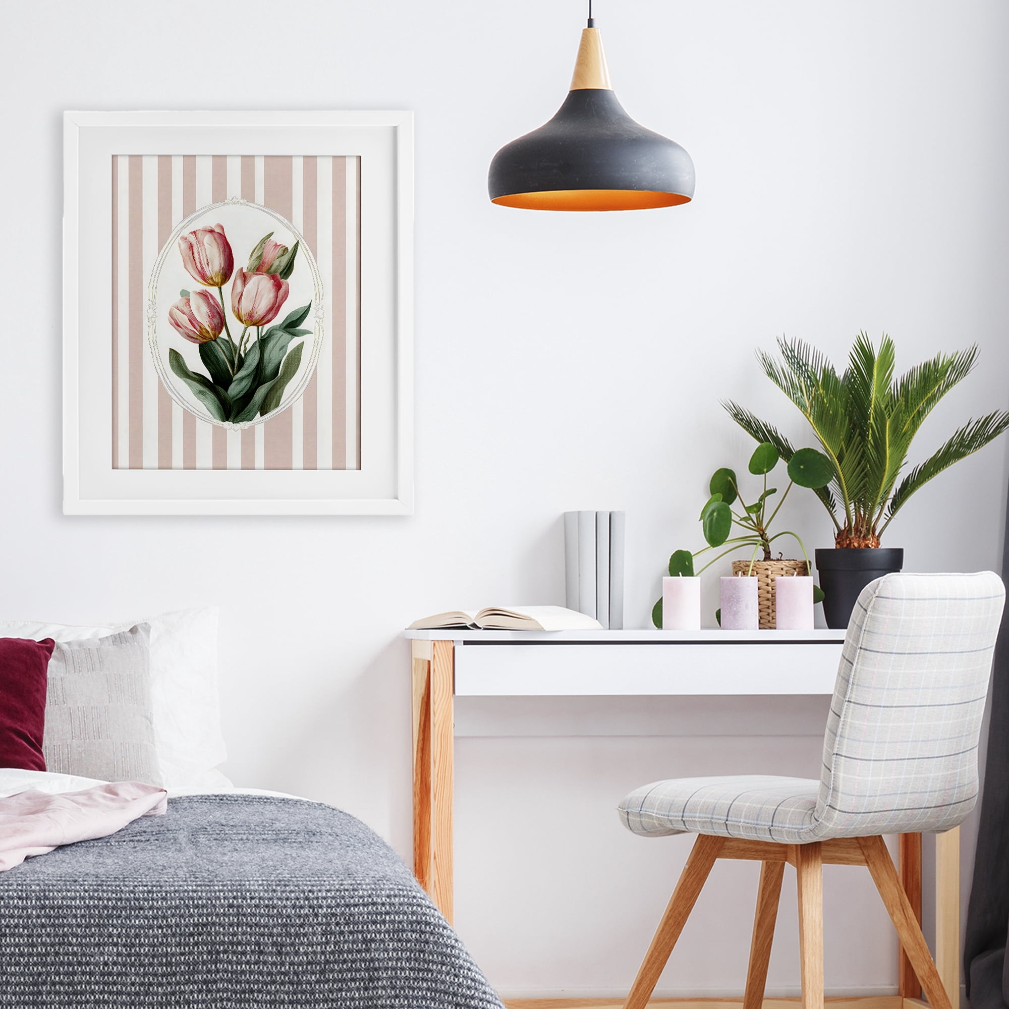 Stupell Industries Vintage Tulips on Stripes White Framed Print Under Glass, design by Ink Drop Loft