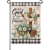 With God All Things Are Possible Spring Summer Small Decorative Garden Flag, Easter Religious Christian Cross Camellia Flower Yard Outside Decor, Farmhouse Plaid Outdoor Home Decoration 12.5x18