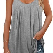 Petmoko Summer Beach Tank Tops for Women Pleated Adjustable Strap Camisole  Loose Fit Casual Sleeveless Gray M