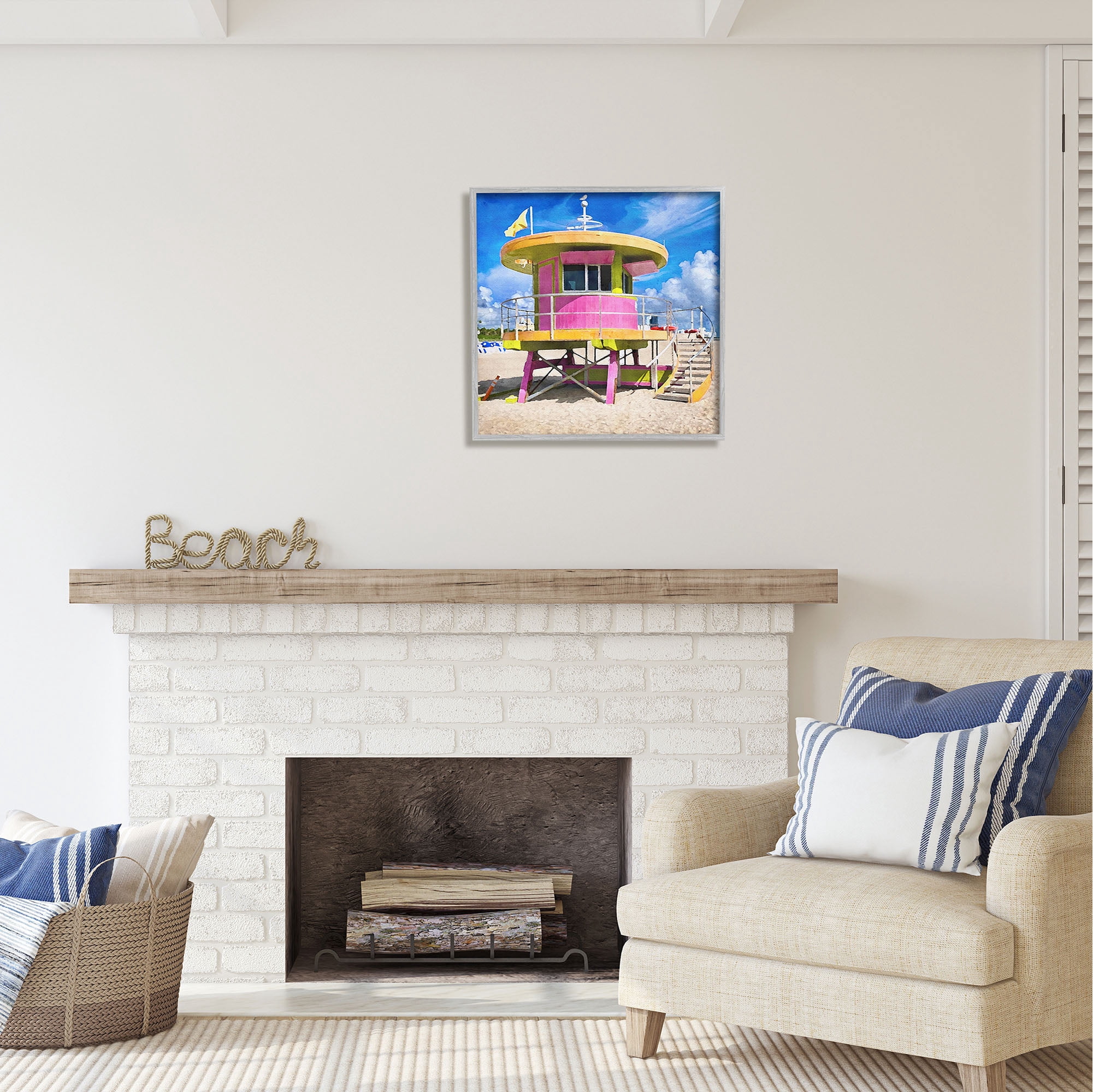 Stupell Industries Pink Lifeguard Hut Nature Painting Gray Framed Art Print Wall Art, 24 x 24