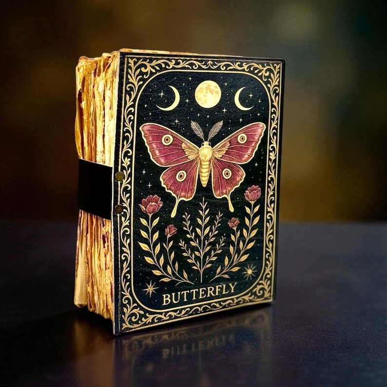 Handmade Leather Butterfly Journal, 5x7” Vintage Notebook with 200 Handmade Pages & Antique Clasp – Boho Writing Diary & Gift
