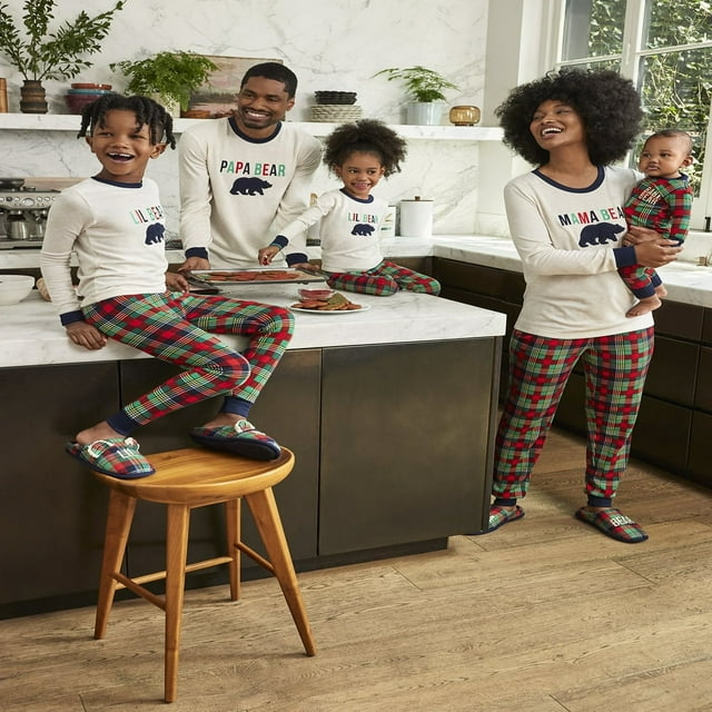 Kids Unisex Plaid Bear Matching Family Pajamas Set 2-Piece Sizes 6-12