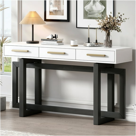 JERFIT 78.7" Extra Long Console Table with 3 Drawers, Modern Sofa Table for Entryway, Hallway & Living Room, Sturdy MDF Construction, Grey and White Finish