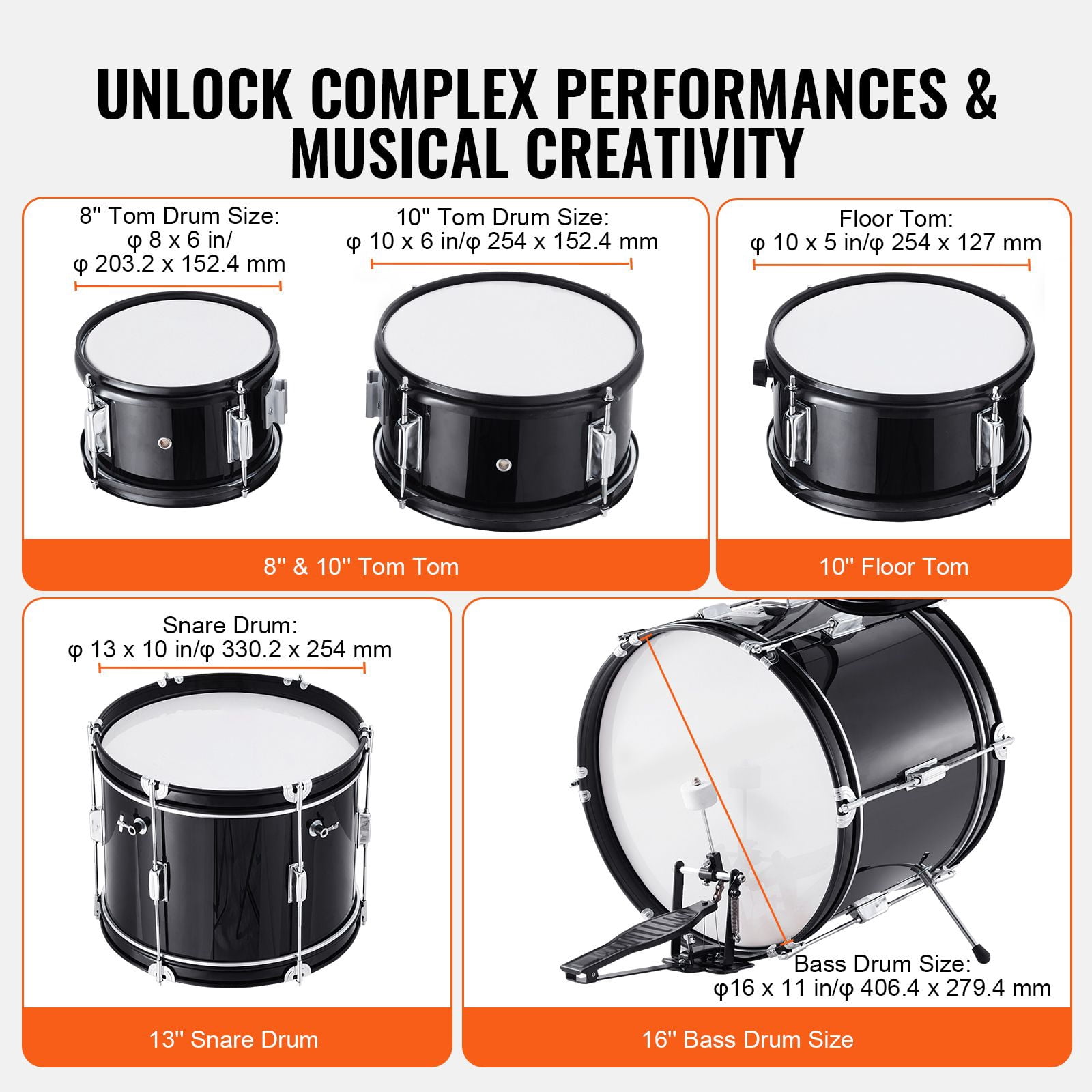 Kids Drum Set, 5-Piece, 16 in Beginner Full Drum Set with Bass Toms Snare Floor Drum Adjustable Throne Cymbal Hi-Hat Pedal and Two Pairs of Drumsticks, Starter Drum Kit for Child Kids, Black