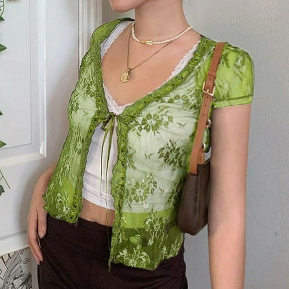 SDJMa Women's Lightweight Open-Front Cardigan Sweater Fashion Casual Women Solid Cardigan Embroidery Short Sleeve V-Neck Blouse Tops