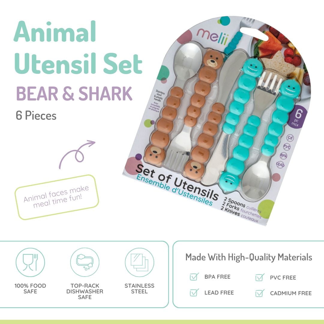 melii Spoon, Fork & Knife Set, Stainless Steel – Bulldog, Cat, Shark, Bear – BPA Free, Dishwasher safe