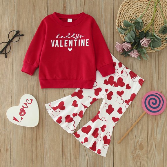 Baby Valentines Outfit Girl Long Sleeve Letter Print Top and Flare Pants Set Cute Baby Girl Outfit 12-18 Months Outfit Girl