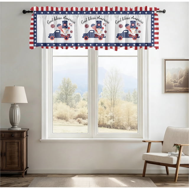 Independence Day Gnome Kitchen Window Valance Rod Pocket Polyester Curtain for Party and Home Decor