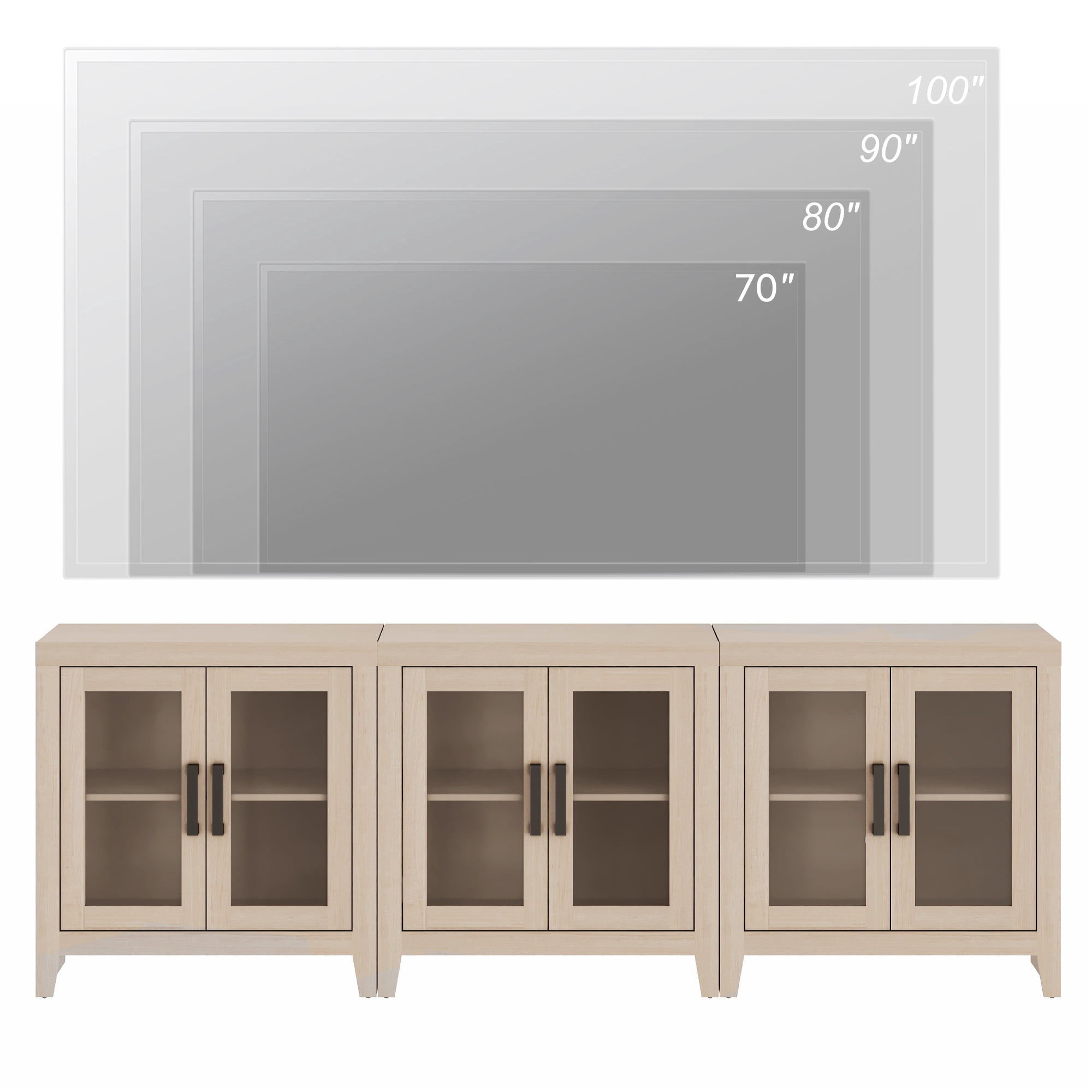 WAMPAT Modern Farmhouse TV Stand up to 100"TV, Entertainment Center with Tempered Glass Doors & Adjustable Shelves, Beige