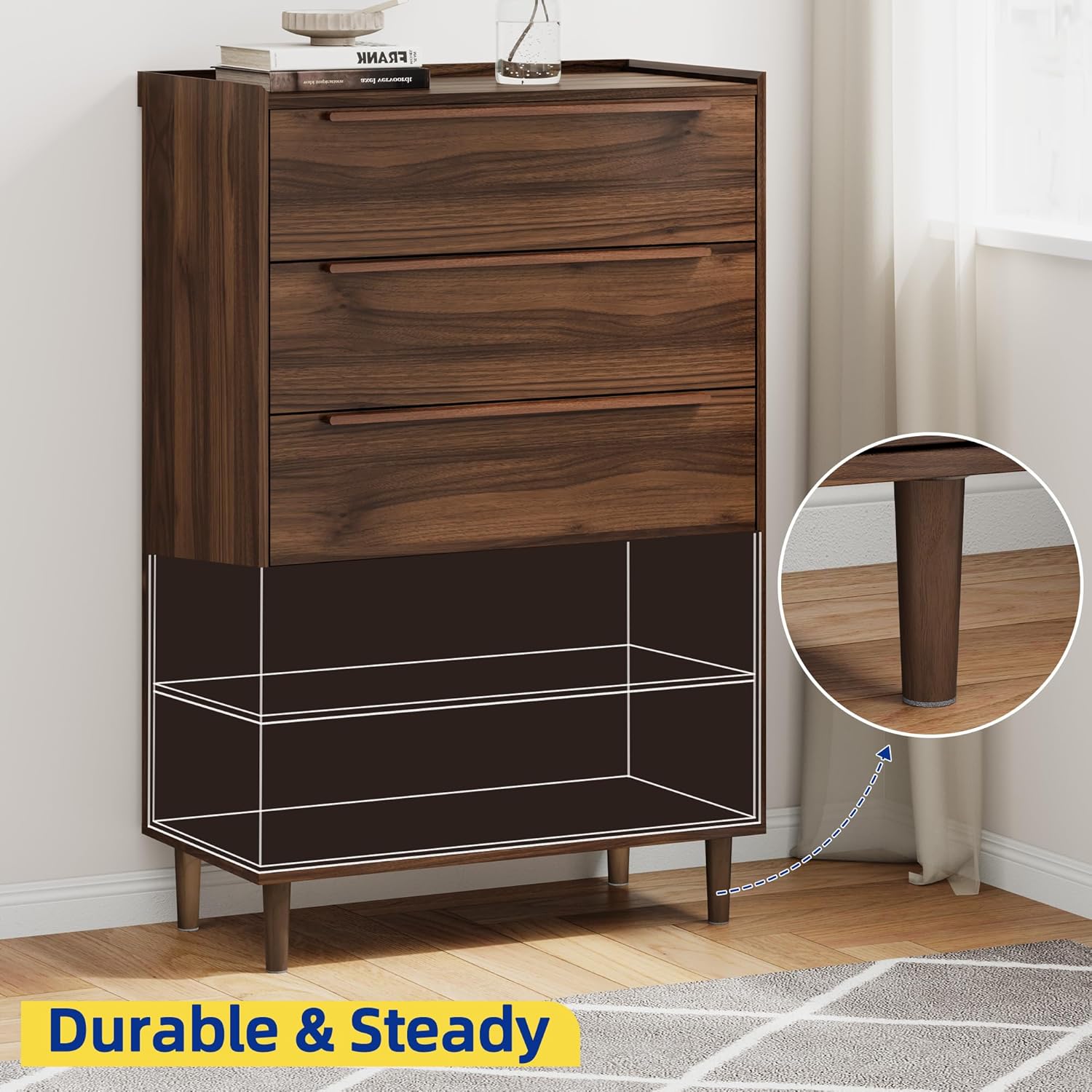5-Drawer Dresser, 48" Tall Walnut Chest of Drawers for Bedroom, Mid Century Modern Storage Organizer for Closet, Hallway, or Small Apartment