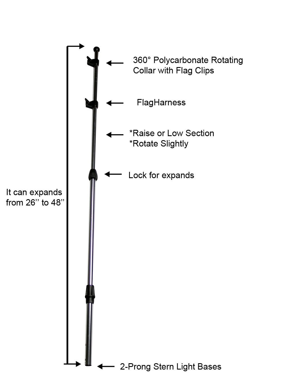 Pactrade Marine Boat Flag Pole Telescoping from 26" to 48" Aluminum 3/4" Tube w/USA Flag