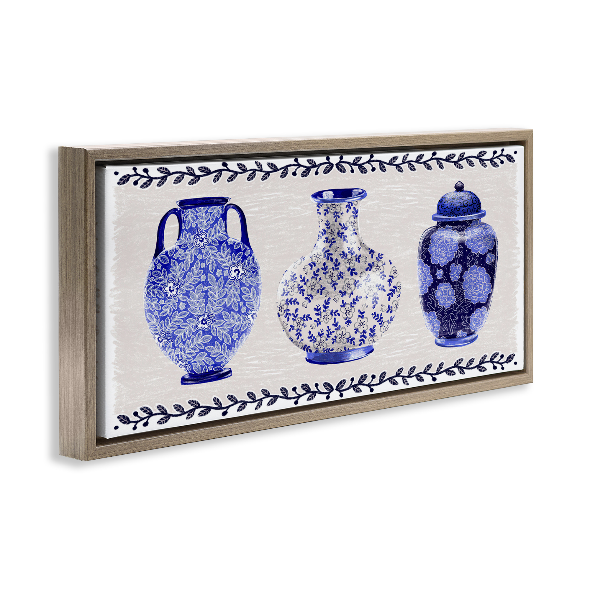 Stupell Industries Traditional Blue Vases Plants & Flowers Painting Brown Floater Framed Canvas Art Print Wall Art, 31 x 14