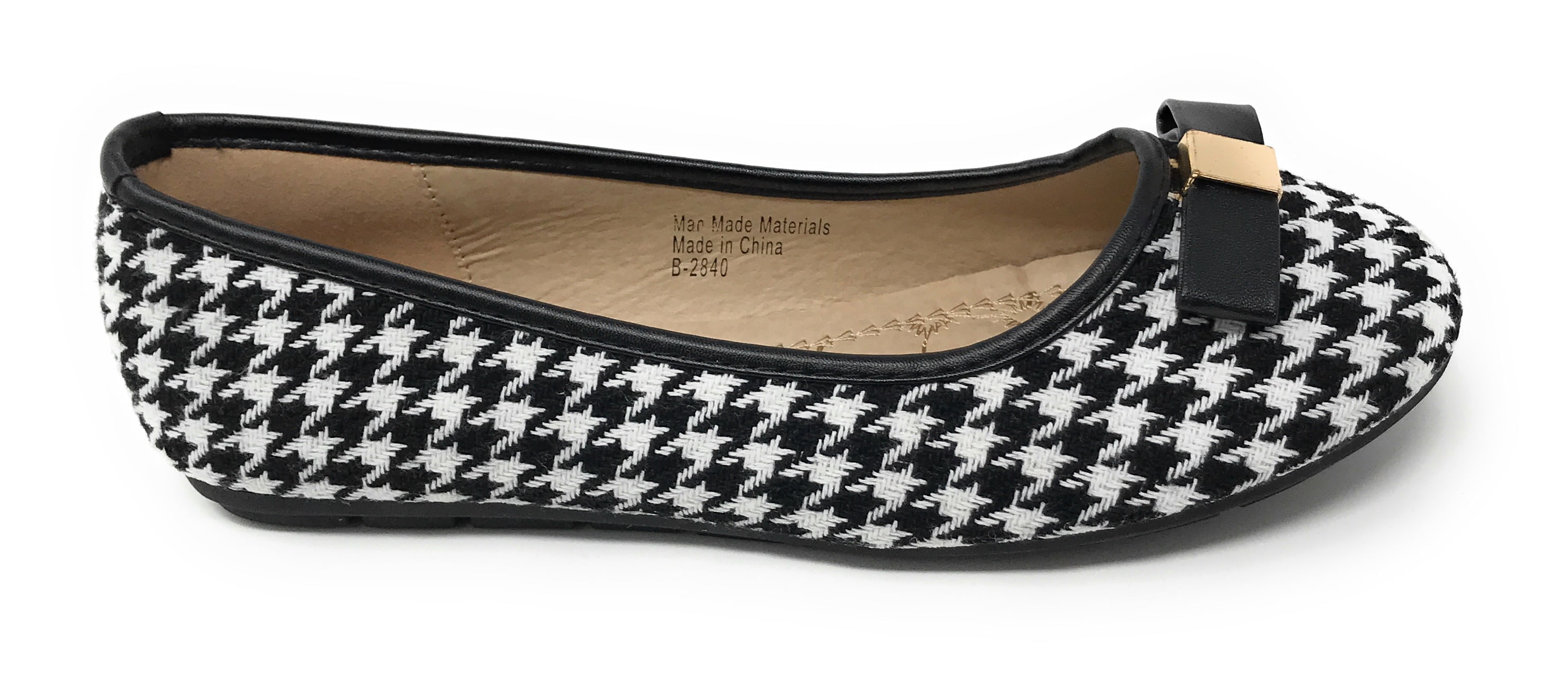 Women’s Black and White Houndstooth Ballerina Flats with Bow – Round Toe Slip-On Dress Shoes – Comfortable Casual Everyday Flats for Work, Office, Travel, or Evening Wear