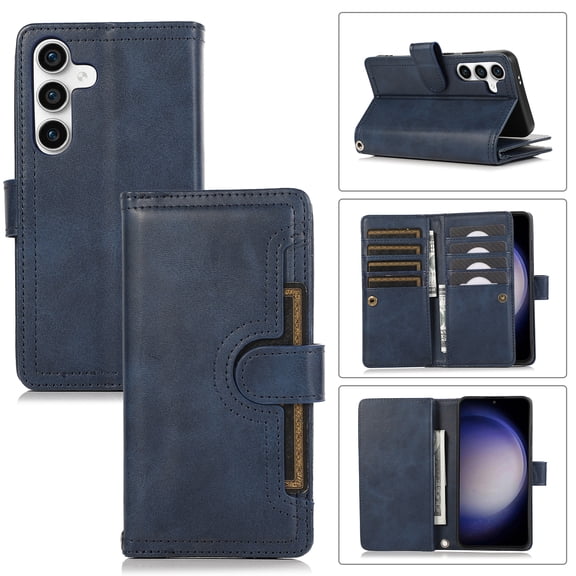 for Samsung Galaxy S26 Phone Case, Wallet RFID Blocking 8 Card Slots Holder & 1 Cash Pocket & 1 Outer Pouch,Wrist Strap,Shockproof Premium PU Leather Magnetic Flip Kickstand Cover,Darkblue