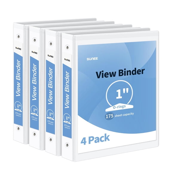 SUNEE 1 Inch 3 Ring Binder Round Ring Three Ring Binder 4 White Binders for School Binder or Office Binder Supplies