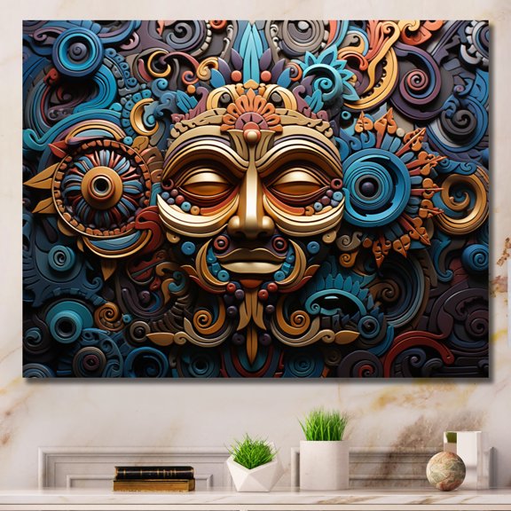 Designart "Blue Gold Mexico Vibrant Aztec Mask I" Mexico Canvas Art Print