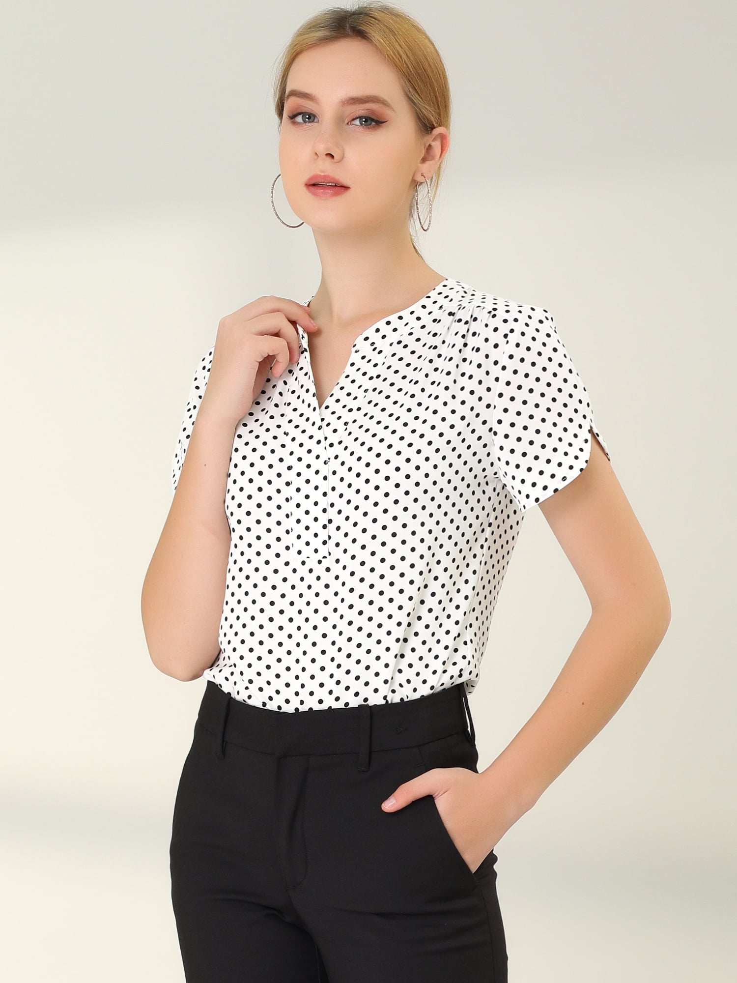 DARING DIVA V Neck Dots Printed Work Office Blouse Top XL White