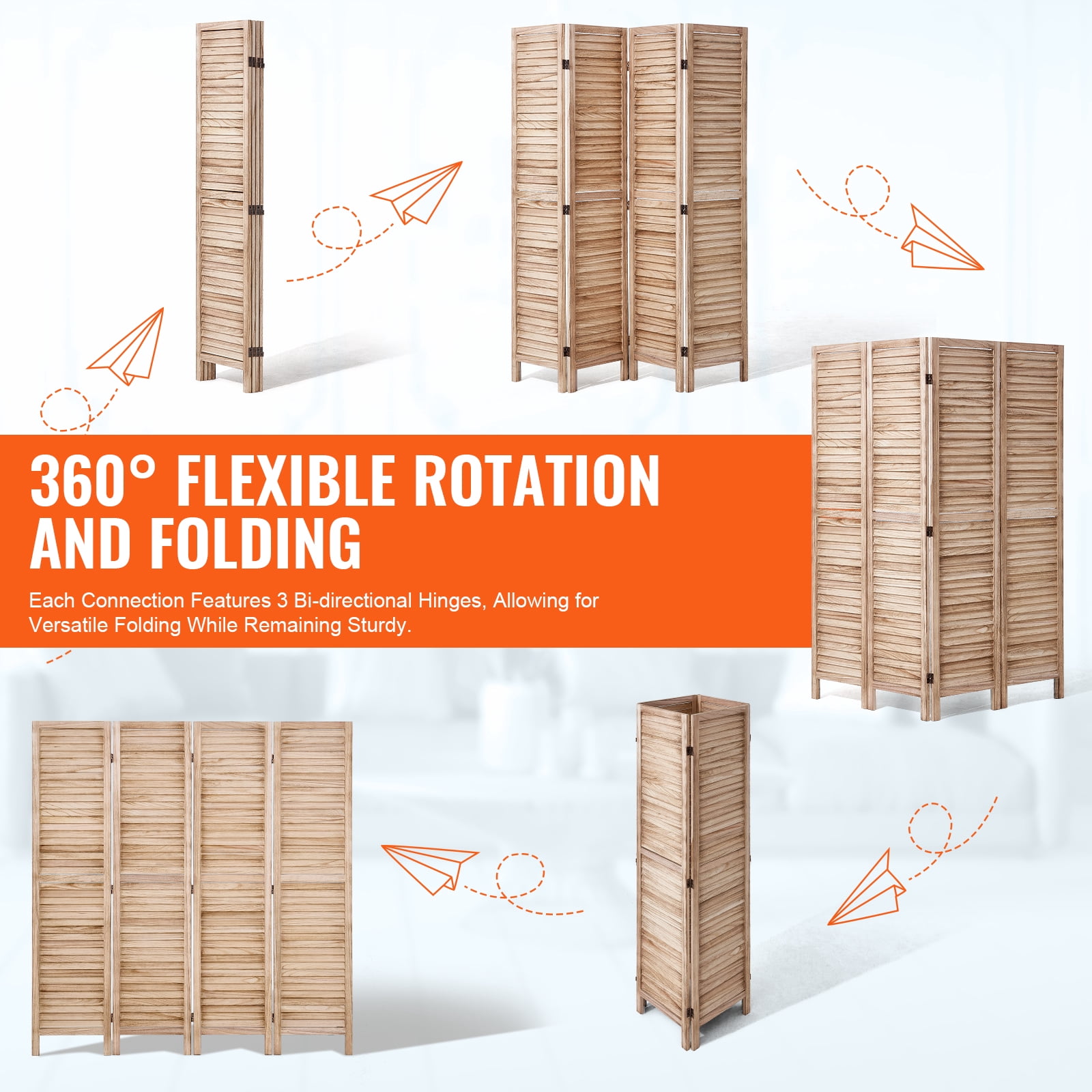 VEVOR Wood Room Divider, 4 Panel Wood Folding Privacy Screen, 66.9 Inches&nbsp;Tall Indoor Louvered Wooden Partition, Portable Decoration Screen, for Room Separation,&nbsp;Office