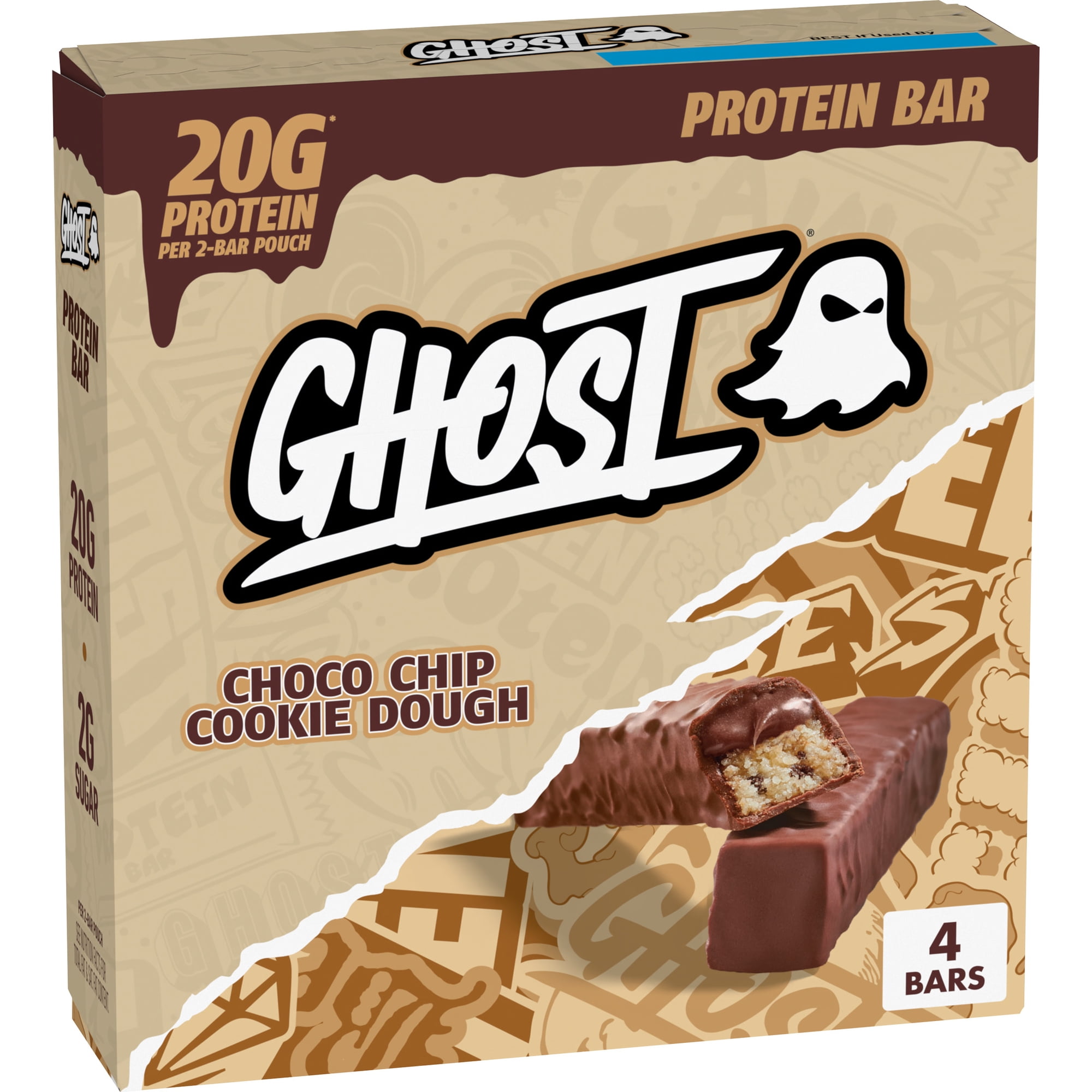 GHOST PROTEIN BAR, CHOCO CHIP COOKIE DOUGH Flavor, 20G Protein, 2G Sugar, 4 Ct, 9.2 oz