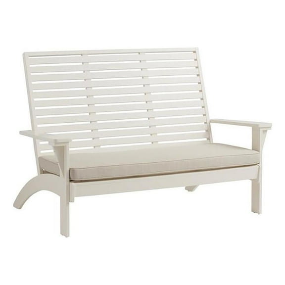 Linon Capers Outdoor Wooden Bench With Slatted Back and Cushion in White